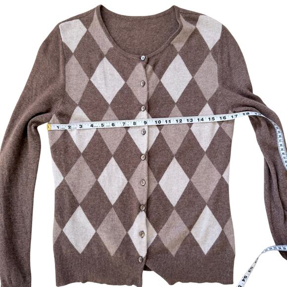 100% CASHMERE Argyle Cardigan Sweater Brown Tan Diamond Knit Soft Classic - Picture 5 of 7
